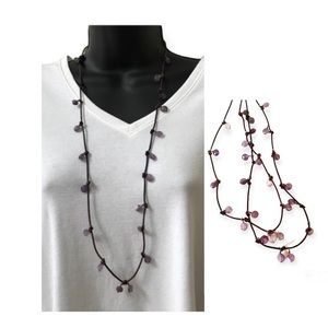 Set of 2 Club Monaco Semiprecious Amethyst on Leather Cord 36” long Necklace